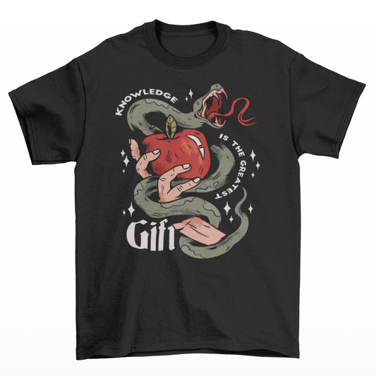 Black t-shirt of a hand holding an apple wrapped in a snake with text around "KNOWLEDGE IS THE GREATEST GIFT".