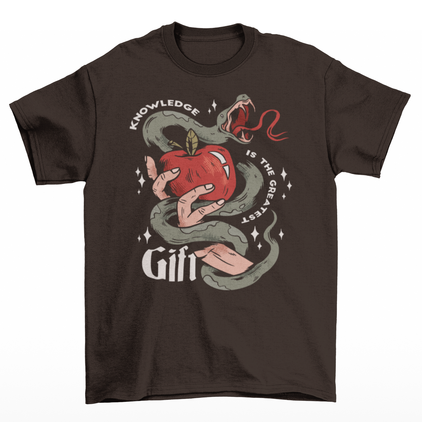 Brown t-shirt of a hand holding an apple wrapped in a snake with text around "KNOWLEDGE IS THE GREATEST GIFT".