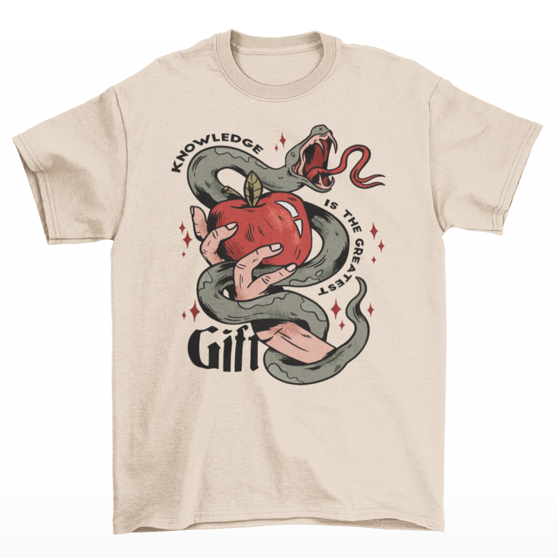 Cream t-shirt of a hand holding an apple wrapped in a snake with text around "KNOWLEDGE IS THE GREATEST GIFT".