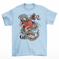 Light Blue t-shirt of a hand holding an apple wrapped in a snake with text around "KNOWLEDGE IS THE GREATEST GIFT".