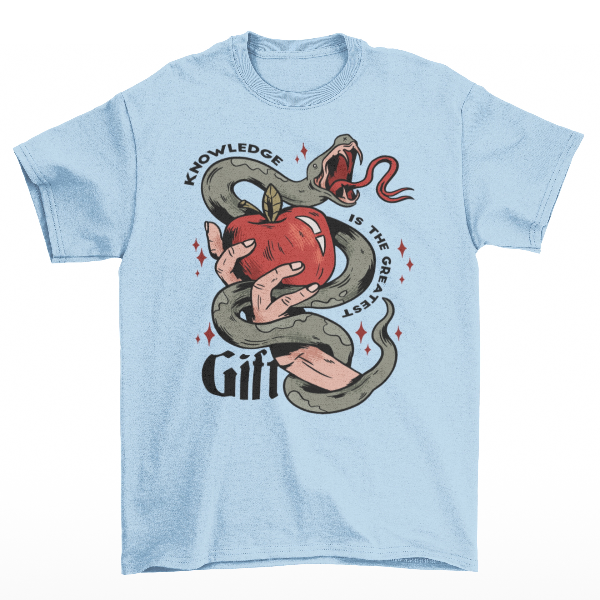 Light Blue t-shirt of a hand holding an apple wrapped in a snake with text around "KNOWLEDGE IS THE GREATEST GIFT".