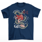 Navy t-shirt of a hand holding an apple wrapped in a snake with text around "KNOWLEDGE IS THE GREATEST GIFT".