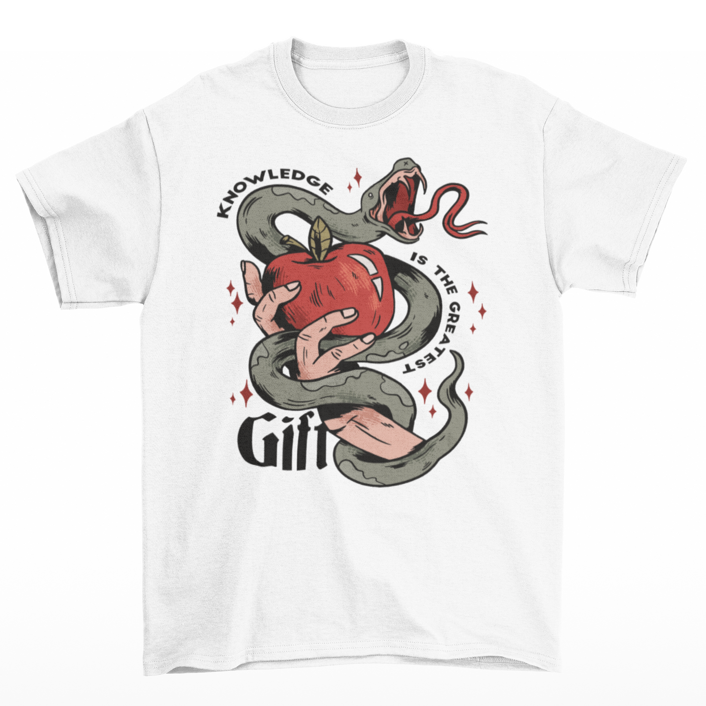 White t-shirt of a hand holding an apple wrapped in a snake with text around "KNOWLEDGE IS THE GREATEST GIFT".