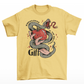 Yellow t-shirt of a hand holding an apple wrapped in a snake with text around "KNOWLEDGE IS THE GREATEST GIFT".