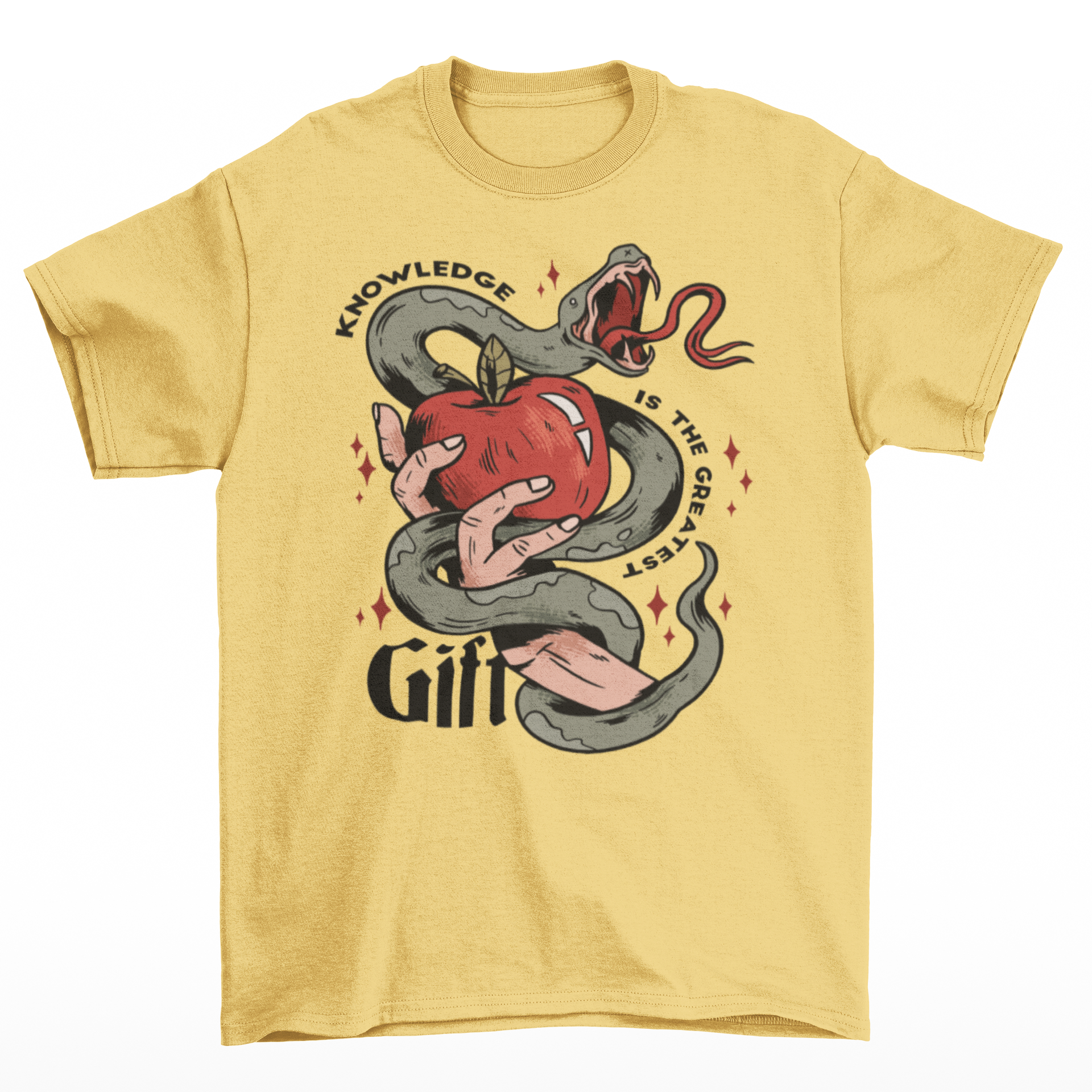 Yellow t-shirt of a hand holding an apple wrapped in a snake with text around "KNOWLEDGE IS THE GREATEST GIFT".