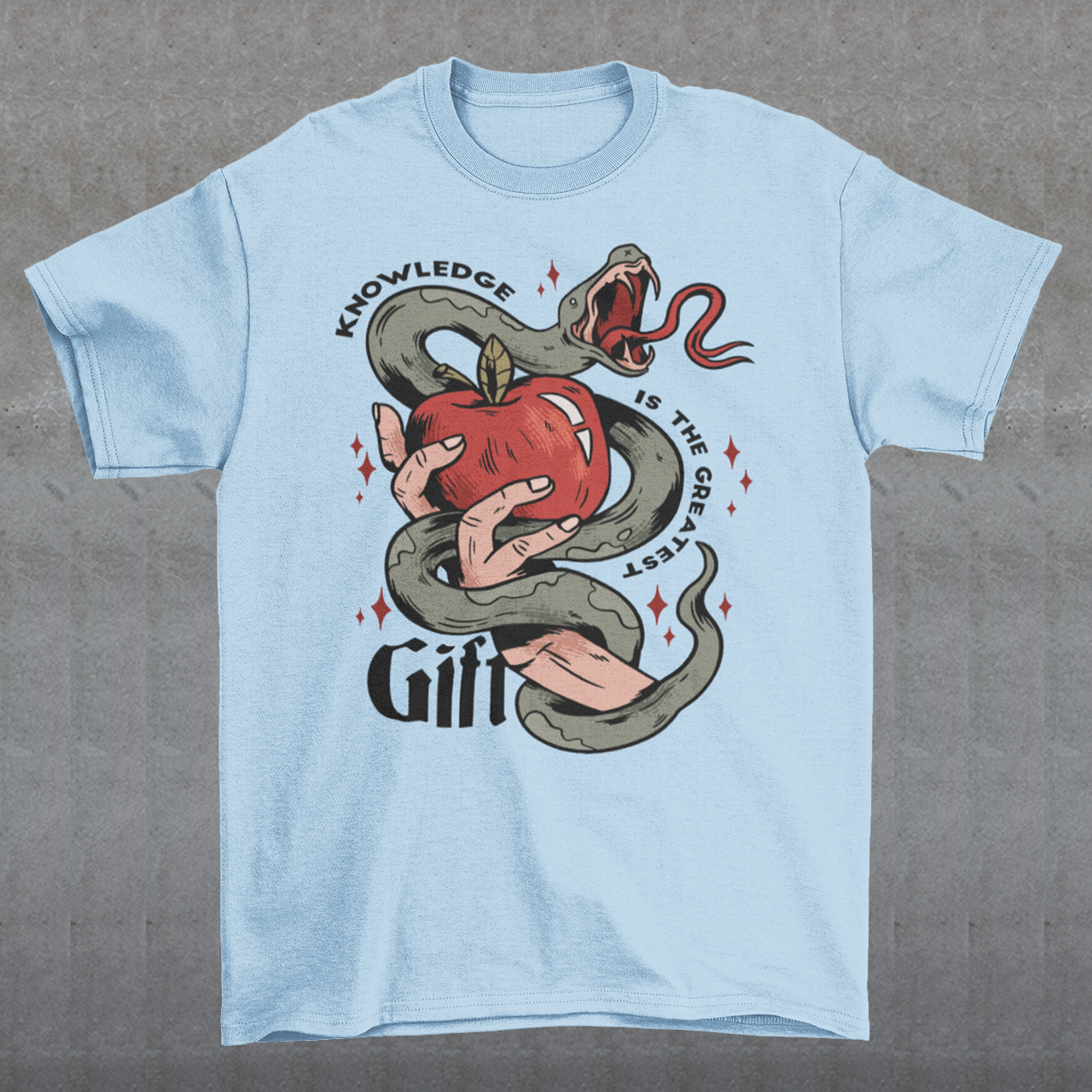 Introducing our captivating "Knowledge is the Greatest Gift" T-shirt – a design that seamlessly blends symbolism and style. Centered on the tee is a powerful image: a meticulously drawn hand cradling a luscious apple, artfully encased in the sinuous coils of a serpent. This iconic representation pays homage to the age-old biblical tale of Adam and Eve, where the apple, symbolizing knowledge, is intertwined with the cunning serpent.