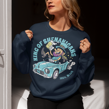 Get ready to stir up some trouble with this hilarious sweatshirt featuring a leprechaun enjoying a cold pint of beer in the front seat of a car! With his mischievous grin and twinkling eyes, this little guy is clearly the king of shenanigans.