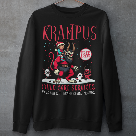 Black sweatshirt of Krampus with a child on his back in the snow surrounded by demons with text "KRAMPUS CHILD CARE SERVICES".