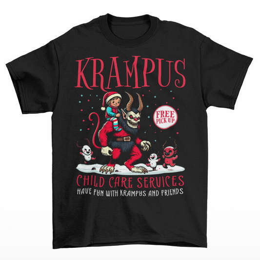 Black t-shirt of Krampus with a child on his back in the snow surrounded by demons with text "KRAMPUS CHILD CARE SERVICES".