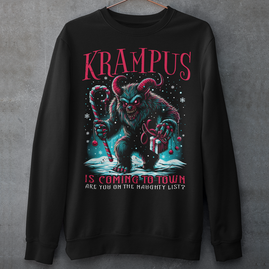 Black Christmas sweatshirt of Krampus walking in the snow with a candy cane and christmas present with text "KRAMPUS IS COMING TO TOWN".