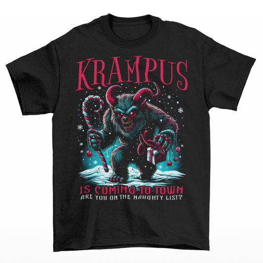 Black Christmas t-shirt of Krampus walking in the snow with a candy cane and christmas present with text "KRAMPUS IS COMING TO TOWN".