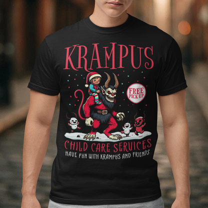 Get into the festive (and slightly spooky) spirit with this darkly humorous design! The front of the t-shirt features a striking image of Krampus, the legendary Christmas demon, trudging through the snow. He carries a child on his back, showcasing his traditional role of punishing naughty kids. Surrounding Krampus are smaller, mischievous demons, grinning and dancing in the snow, adding to the eerie yet playful vibe. Around the scene, bold vintage-style text reads, "KRAMPUS CHILD CARE SERVICES".
