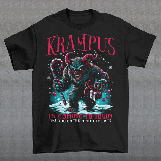 A festive yet eerie t-shirt design featuring Krampus, the mythical holiday creature, walking through a snowy, dark forest, clutching a large candy cane in one hand and a wrapped Christmas present in the other. Krampus has his signature horns, shaggy fur, and a mischievous grin, casting a long shadow on the snow. The text reads, "KRAMPUS IS COMING TO TOWN", adding a playful twist to the classic holiday warning.