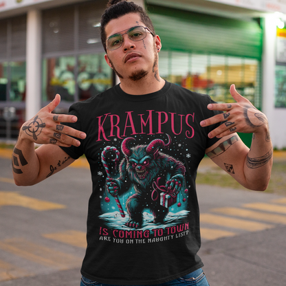 A festive yet eerie t-shirt design featuring Krampus, the mythical holiday creature, walking through a snowy, dark forest, clutching a large candy cane in one hand and a wrapped Christmas present in the other. Krampus has his signature horns, shaggy fur, and a mischievous grin, casting a long shadow on the snow. The text reads, "KRAMPUS IS COMING TO TOWN", adding a playful twist to the classic holiday warning.