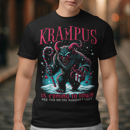 A festive yet eerie t-shirt design featuring Krampus, the mythical holiday creature, walking through a snowy, dark forest, clutching a large candy cane in one hand and a wrapped Christmas present in the other. Krampus has his signature horns, shaggy fur, and a mischievous grin, casting a long shadow on the snow. The text reads, "KRAMPUS IS COMING TO TOWN", adding a playful twist to the classic holiday warning.