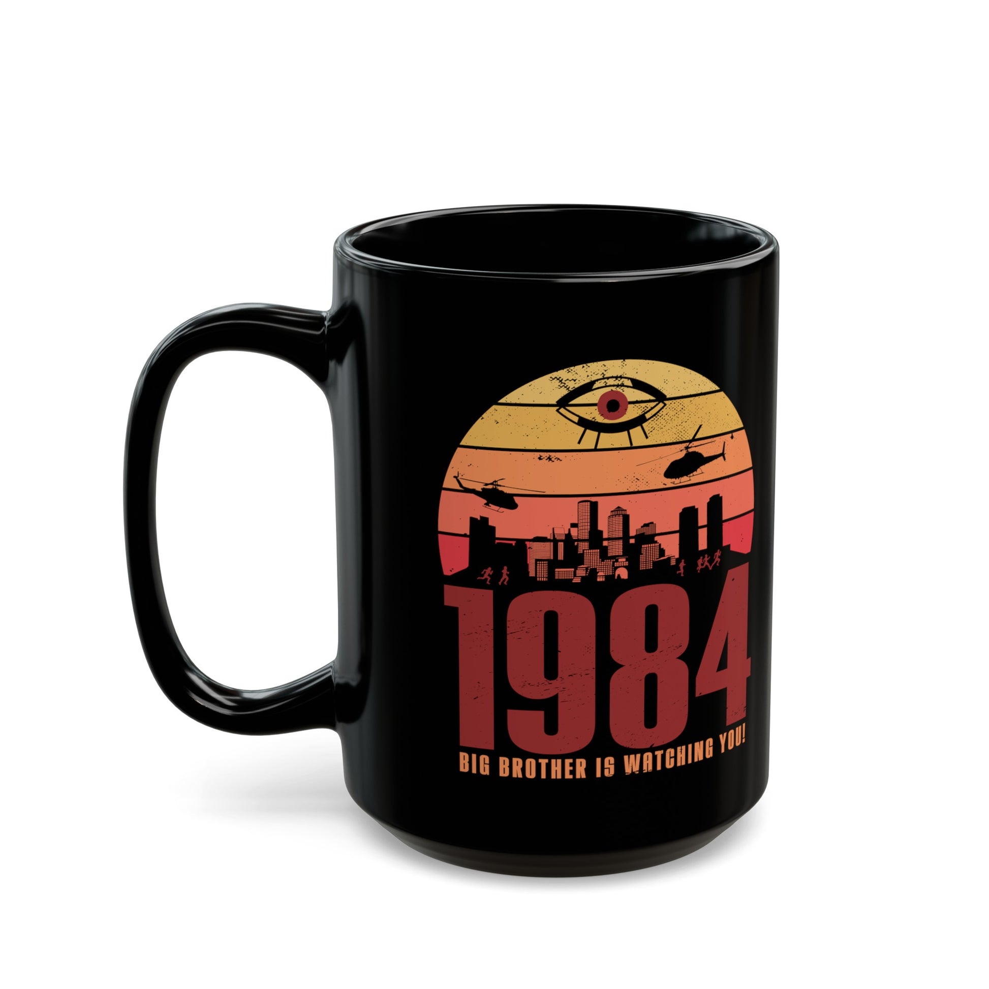 Black mug of a dystopian city silhouette on a retro sun with text 1984 BIG BROTHER IS WATCHING YOU!