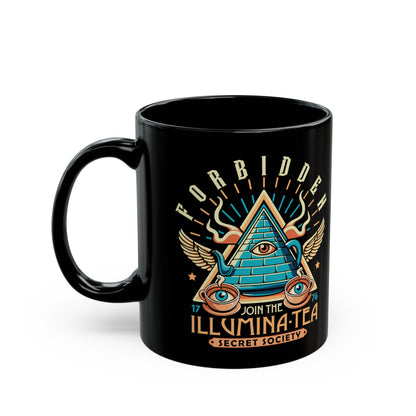 Black mug of an Illuminati tea pot and cups with text ILLUMINA-TEA.