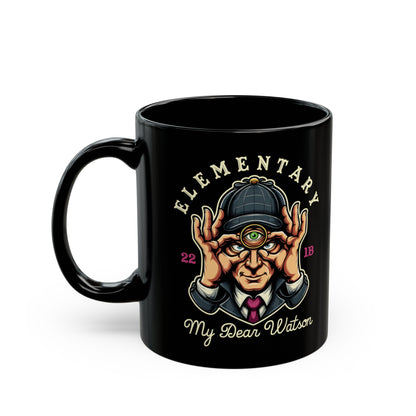 Black mug of Sherlock Holmes with a third eye and text ELEMENTARY MY DEAR WATSON.