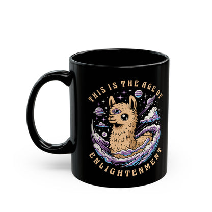 Black mug of a Llama with a third eye in space with text THIS IS THE AGE OF ENLIGHTENMENT.