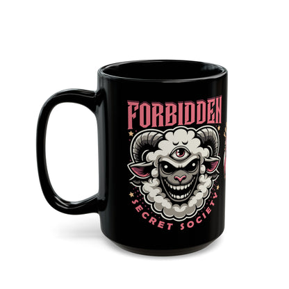 Black mug of an Illuminati sheep with a third eye with text FORBIDDEN SECRET SOCIETY.