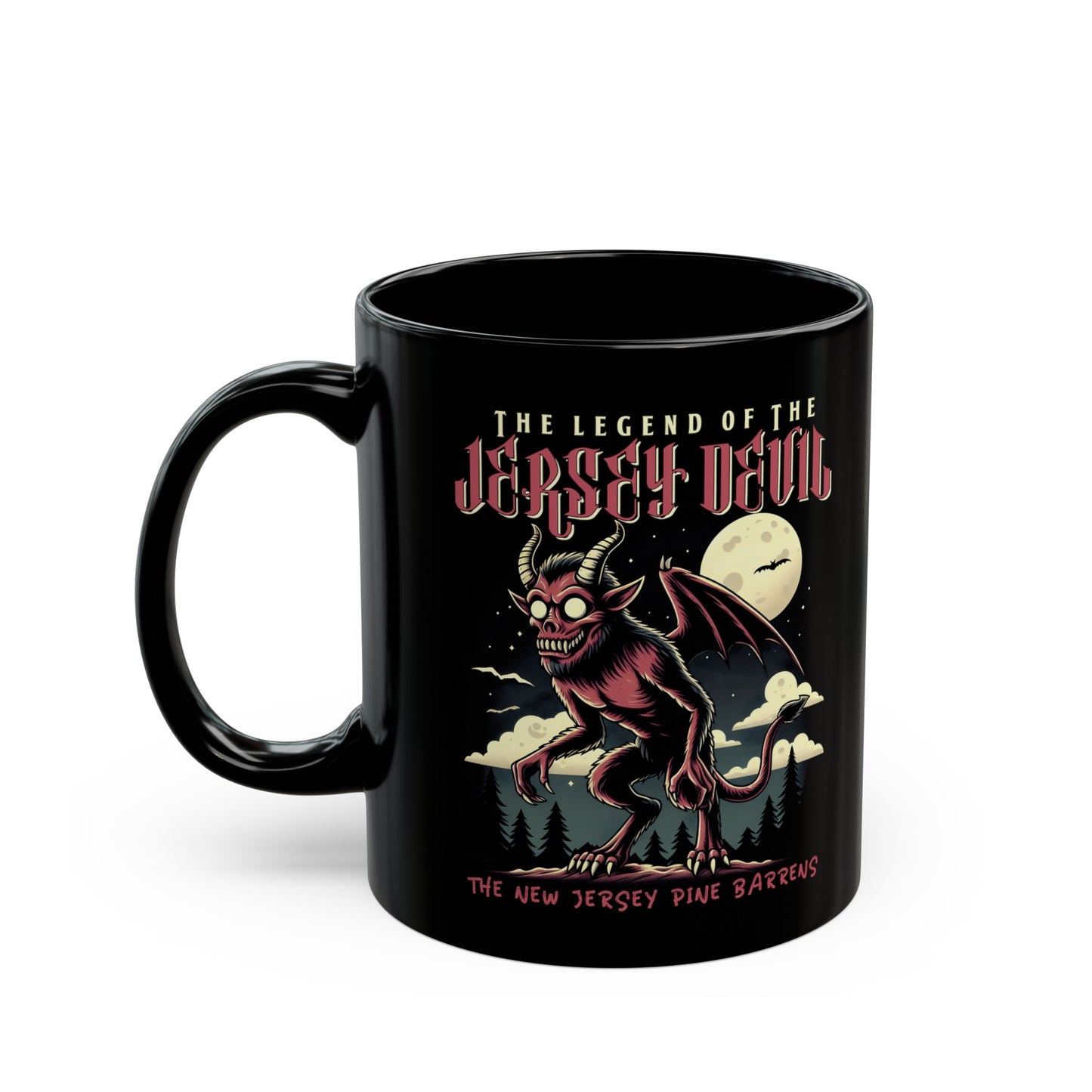 Black mug of the Jersey Devil with text above THE LEGEND OF THE JERSEY DEVIL and text below THE NEW JERSEY PINE BARRENS.