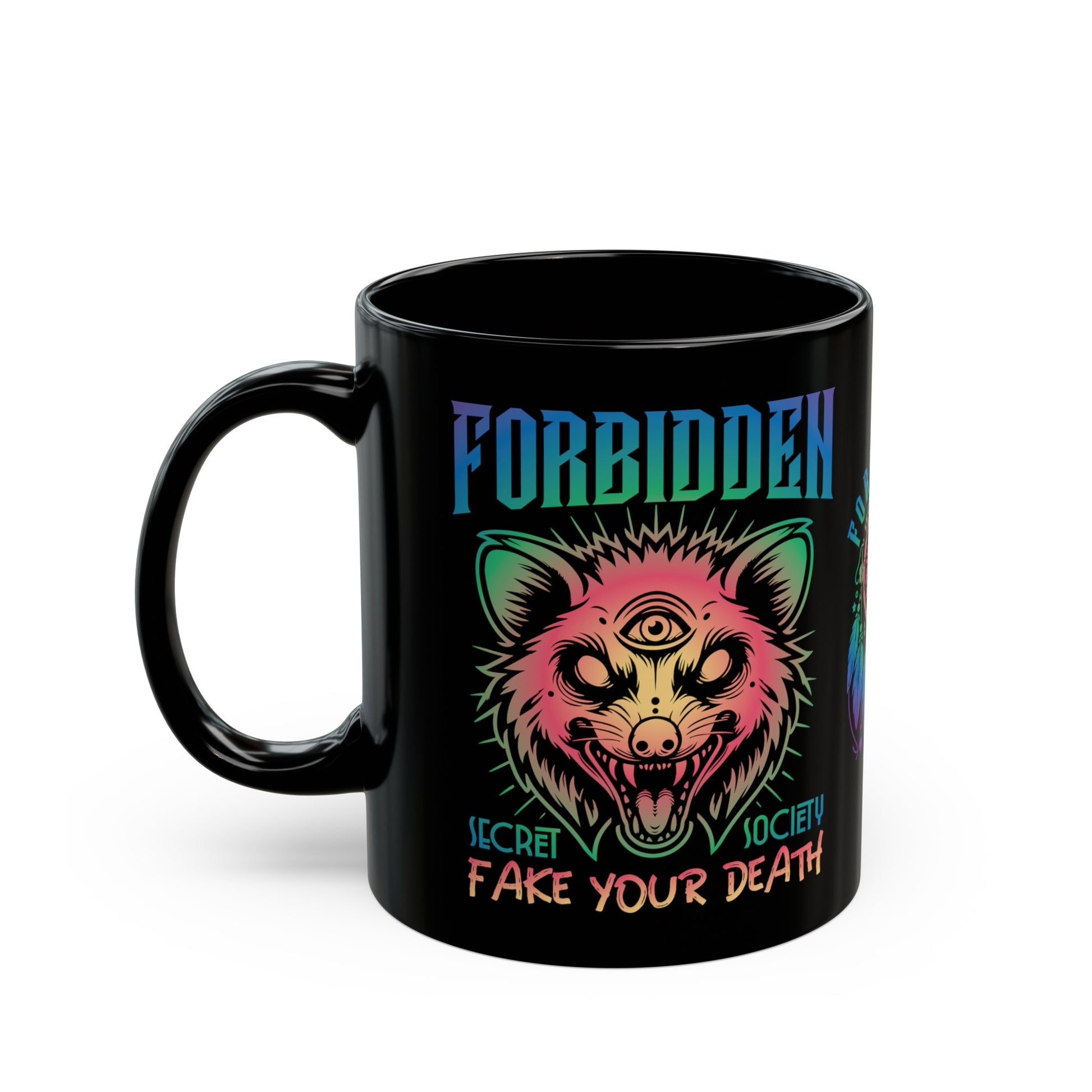 Black Mug of an Illuminati possum with a third eye with text FORBIDDEN SECRET SOCIETY.