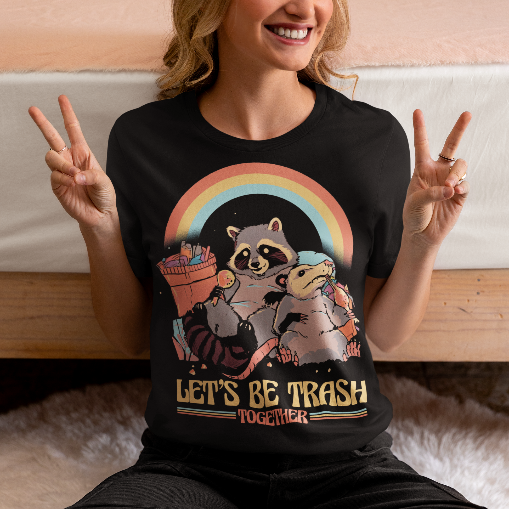 Get ready to embrace your mischievous side with this adorable raccoon and possum duo on a quest for fun! The vibrant graphic features a playful raccoon and a curious possum side by side, ready to conquer the night. Beneath this charismatic pair, bold text reads "LET'S BE TRASH TOGETHER," capturing the essence of camaraderie in their shared adventures.