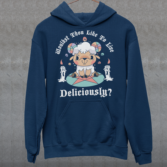 Unleash your inner rebel with this striking graphic hoodie featuring a smug, mystical goat perched atop a pentagram—summoning vibes as bold as your wardrobe. Inspired by folklore and a hint of witchy sarcasm, the chilling phrase "WOULDST THOU LIKE TO LIVE DELICIOUSLY?" is scrawled across the design in eerie, arcane lettering. Perfect for fans of the occult, dark humor, and aesthetic rebellion.