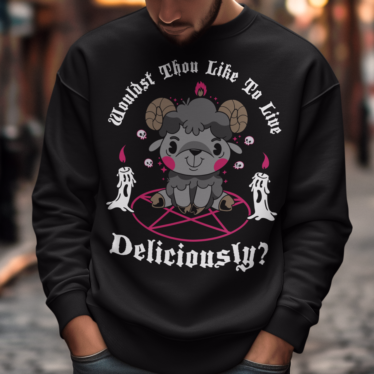 Unleash your inner rebel with this striking graphic sweatshirt featuring a smug, mystical goat perched atop a pentagram—summoning vibes as bold as your wardrobe. Inspired by folklore and a hint of witchy sarcasm, the chilling phrase "WOULDST THOU LIKE TO LIVE DELICIOUSLY?" is scrawled across the design in eerie, arcane lettering. Perfect for fans of the occult, dark humor, and aesthetic rebellion.