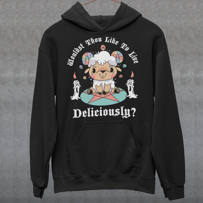 Unleash your inner rebel with this striking graphic hoodie featuring a smug, mystical goat perched atop a pentagram—summoning vibes as bold as your wardrobe. Inspired by folklore and a hint of witchy sarcasm, the chilling phrase "WOULDST THOU LIKE TO LIVE DELICIOUSLY?" is scrawled across the design in eerie, arcane lettering. Perfect for fans of the occult, dark humor, and aesthetic rebellion.