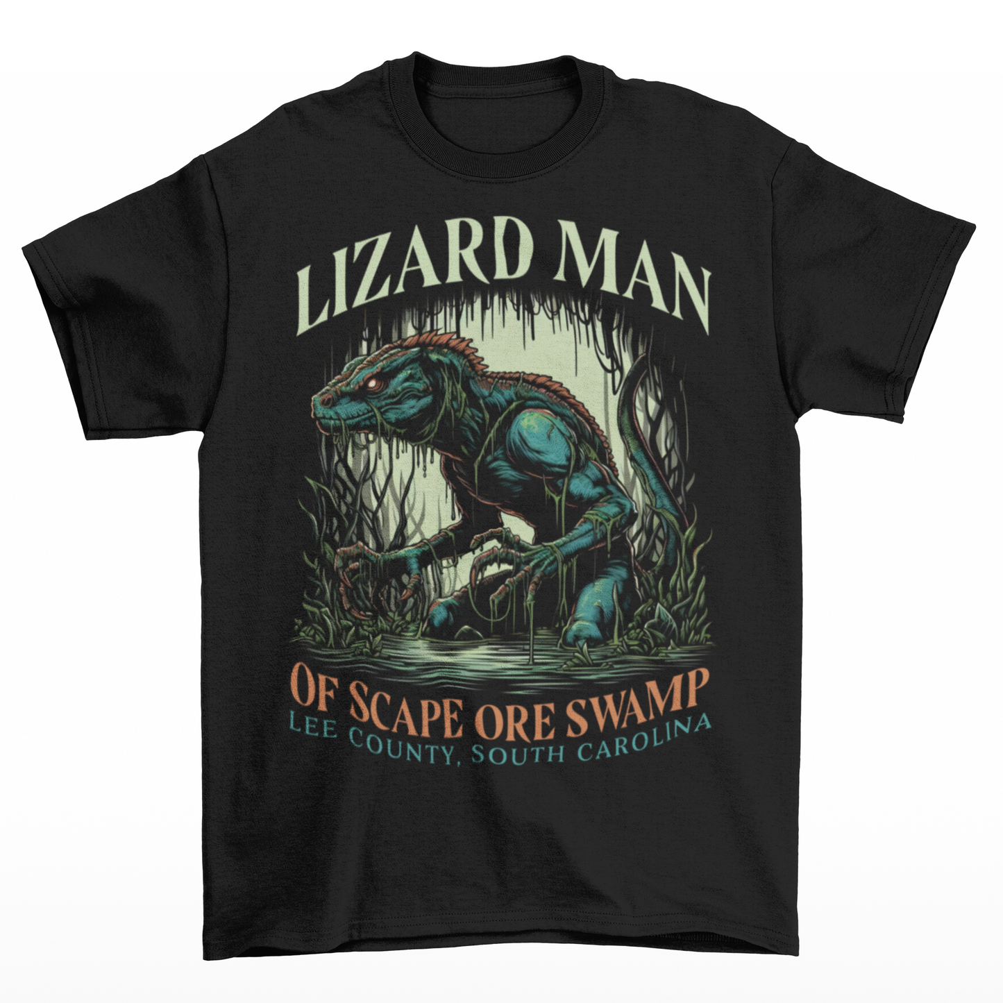 Black t-shirt of a Lizard man in a swamp with text "LIZARD MAN OF SCAPE ORE SWAMP".