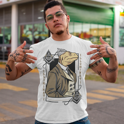 Introducing the enigmatic and captivating "Lizard Illuminati" T-shirt, a bold and eccentric garment that seamlessly blends conspiracy theories with reptilian sophistication. This one-of-a-kind tee is not just a piece of clothing; it's a statement, a conversation starter, and a whimsical nod to the mysteries that lurk in the shadows.