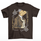 Brown t-shirt of a lizard person in a suit and a tinfoil hat with free mason symbol on both corners and text on both sides "ILLUMINATI".