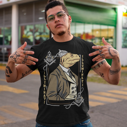 Introducing the enigmatic and captivating "Lizard Illuminati" T-shirt, a bold and eccentric garment that seamlessly blends conspiracy theories with reptilian sophistication. This one-of-a-kind tee is not just a piece of clothing; it's a statement, a conversation starter, and a whimsical nod to the mysteries that lurk in the shadows.