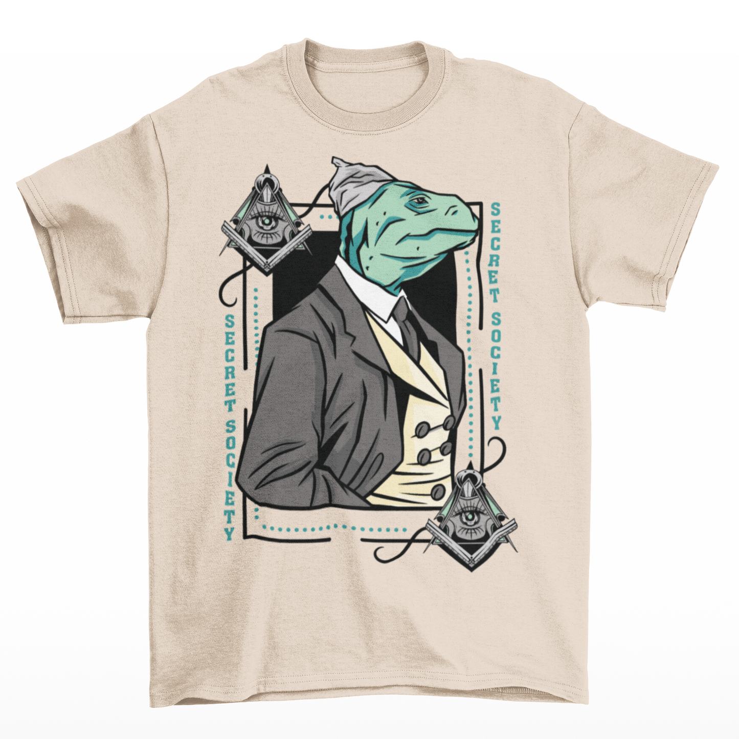 Cream t-shirt of a lizard person in a suit and a tinfoil hat with free mason symbol on both corners and text on both sides "SECRET SOCIETY".