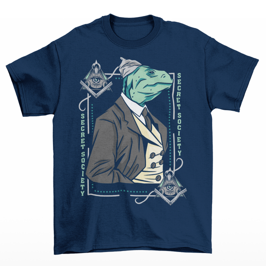 Navy t-shirt of a lizard person in a suit and a tinfoil hat with free mason symbol on both corners and text on both sides "SECRET SOCIETY".