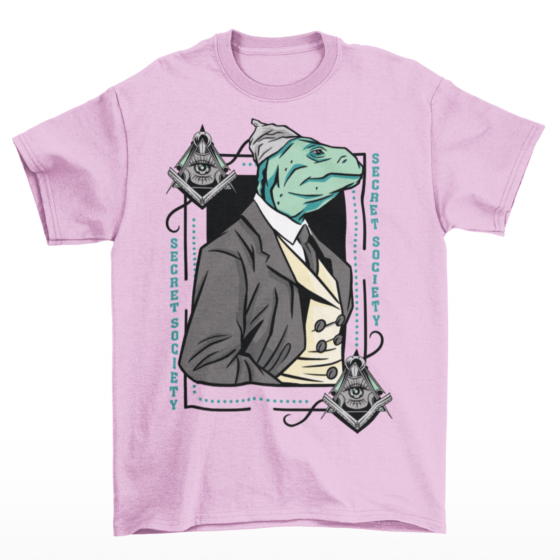 Pink t-shirt of a lizard person in a suit and a tinfoil hat with free mason symbol on both corners and text on both sides "SECRET SOCIETY".