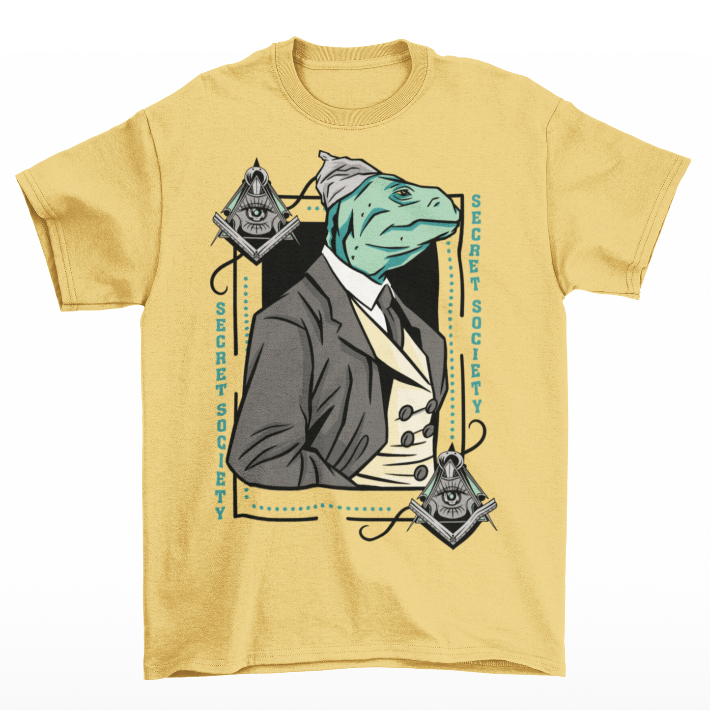 Yellow t-shirt of a lizard person in a suit and a tinfoil hat with free mason symbol on both corners and text on both sides "SECRET SOCIETY".