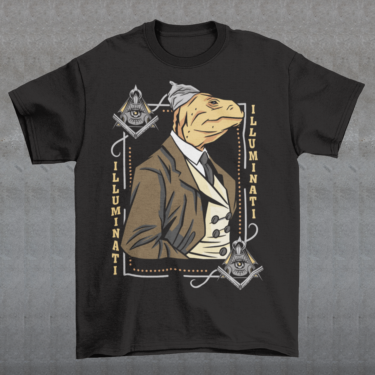 Introducing the enigmatic and captivating "Lizard Illuminati" T-shirt, a bold and eccentric garment that seamlessly blends conspiracy theories with reptilian sophistication. This one-of-a-kind tee is not just a piece of clothing; it's a statement, a conversation starter, and a whimsical nod to the mysteries that lurk in the shadows.