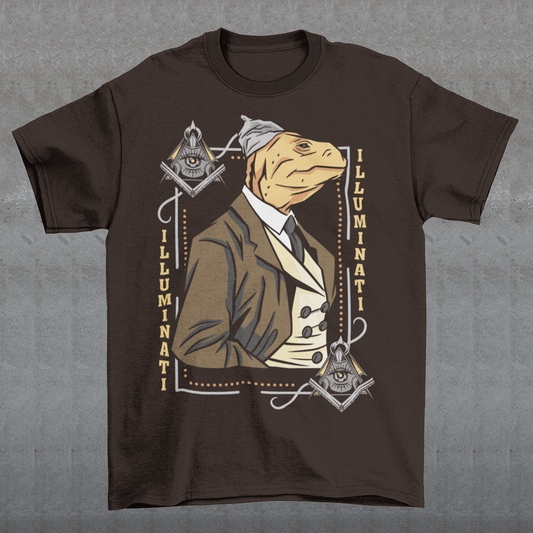 Introducing the enigmatic and captivating "Lizard Illuminati" T-shirt, a bold and eccentric garment that seamlessly blends conspiracy theories with reptilian sophistication. This one-of-a-kind tee is not just a piece of clothing; it's a statement, a conversation starter, and a whimsical nod to the mysteries that lurk in the shadows.