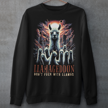 Black sweatshirt of Llamas in Armageddon with text below LLAMAGEDDON.