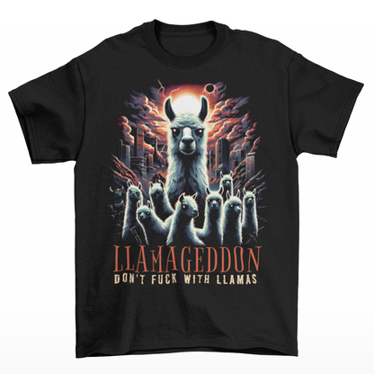 Black t-shirt of Llamas in Armageddon with text below LLAMAGEDDON.