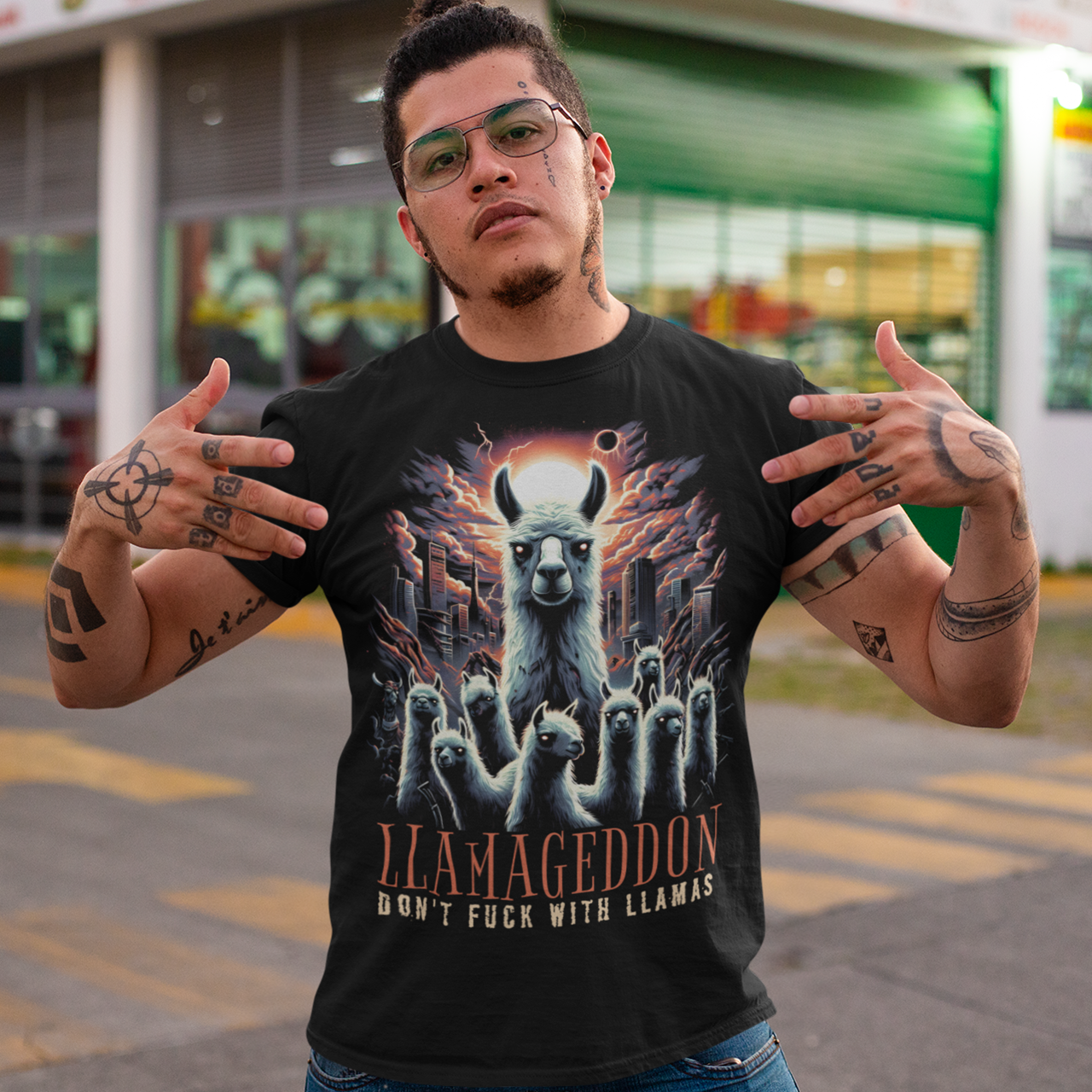 Black t-shirt of Llamas in Armageddon with text below LLAMAGEDDON.