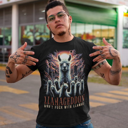 Unleash the apocalypse with our epic "LLAMAGEDDON" T-shirt! Featuring a jaw-dropping illustration of llamas in the midst of Armageddon, this tee is perfect for those who love a blend of humor and chaos. The design showcases a herd of fierce llamas charging through a post-apocalyptic landscape, complete with fiery skies, crumbling buildings, and a sense of impending doom. Below this striking scene, the bold text "LLAMAGEDDON" adds the perfect touch of irony and fun.