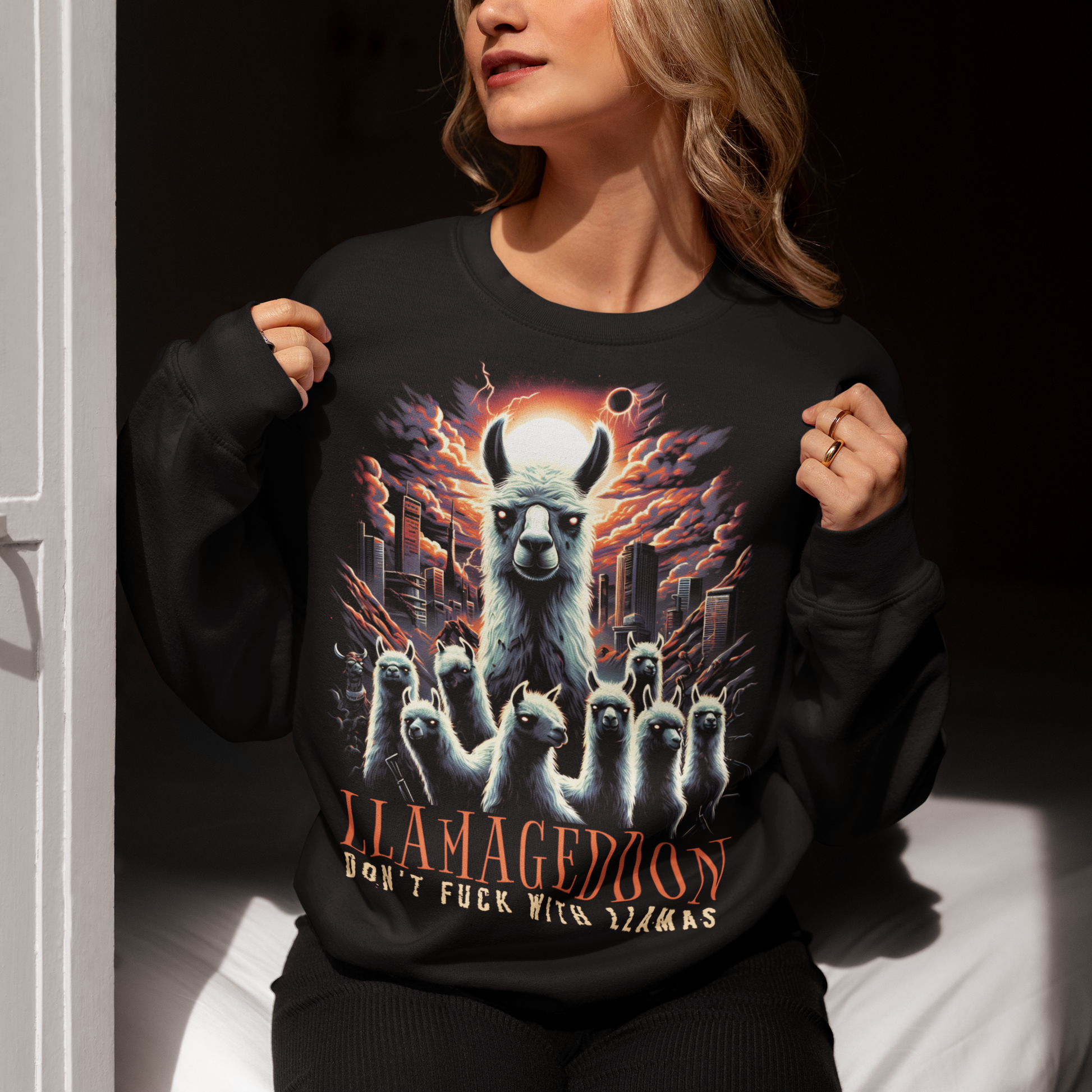 Black sweatshirt of Llamas in Armageddon with text below LLAMAGEDDON.