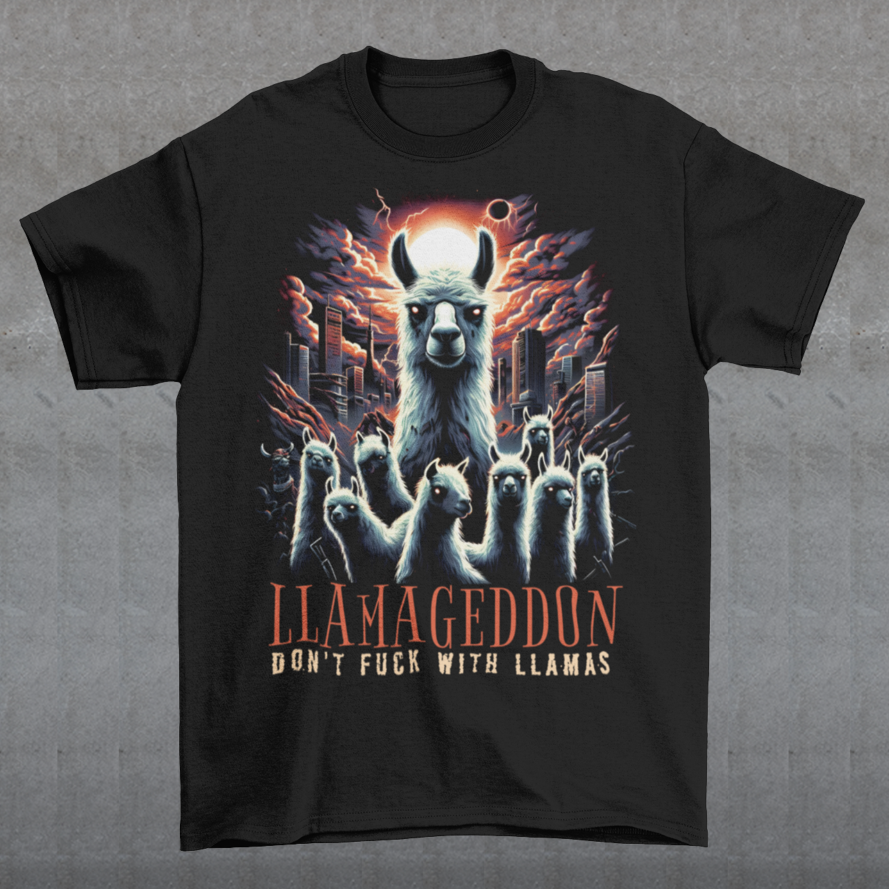 Unleash the apocalypse with our epic "LLAMAGEDDON" T-shirt! Featuring a jaw-dropping illustration of llamas in the midst of Armageddon, this tee is perfect for those who love a blend of humor and chaos. The design showcases a herd of fierce llamas charging through a post-apocalyptic landscape, complete with fiery skies, crumbling buildings, and a sense of impending doom. Below this striking scene, the bold text "LLAMAGEDDON" adds the perfect touch of irony and fun.
