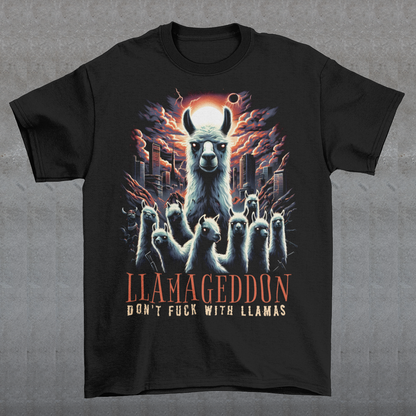 Unleash the apocalypse with our epic "LLAMAGEDDON" T-shirt! Featuring a jaw-dropping illustration of llamas in the midst of Armageddon, this tee is perfect for those who love a blend of humor and chaos. The design showcases a herd of fierce llamas charging through a post-apocalyptic landscape, complete with fiery skies, crumbling buildings, and a sense of impending doom. Below this striking scene, the bold text "LLAMAGEDDON" adds the perfect touch of irony and fun.