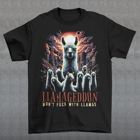 Unleash the apocalypse with our epic "LLAMAGEDDON" T-shirt! Featuring a jaw-dropping illustration of llamas in the midst of Armageddon, this tee is perfect for those who love a blend of humor and chaos. The design showcases a herd of fierce llamas charging through a post-apocalyptic landscape, complete with fiery skies, crumbling buildings, and a sense of impending doom. Below this striking scene, the bold text "LLAMAGEDDON" adds the perfect touch of irony and fun.