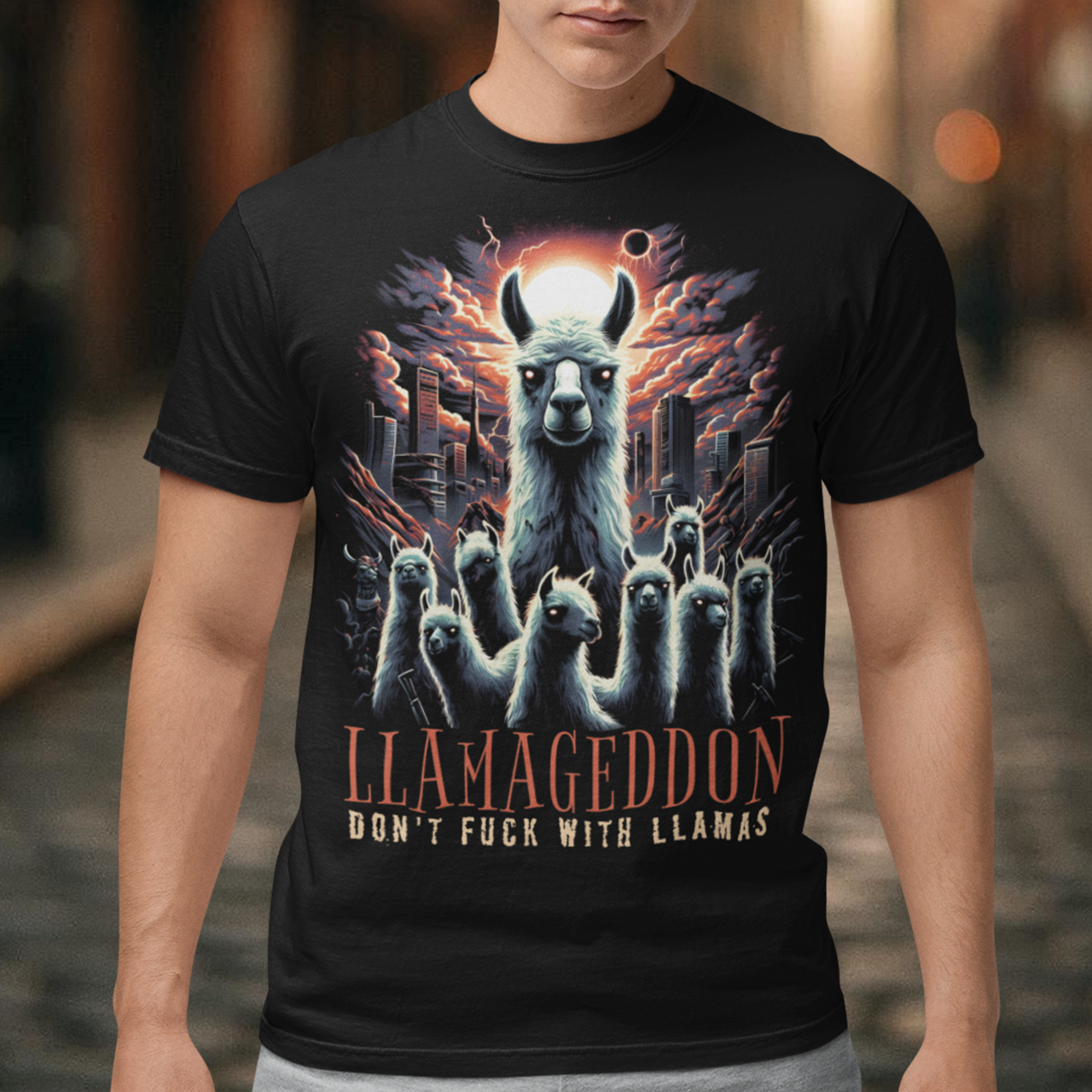 Unleash the apocalypse with our epic "LLAMAGEDDON" T-shirt! Featuring a jaw-dropping illustration of llamas in the midst of Armageddon, this tee is perfect for those who love a blend of humor and chaos. The design showcases a herd of fierce llamas charging through a post-apocalyptic landscape, complete with fiery skies, crumbling buildings, and a sense of impending doom. Below this striking scene, the bold text "LLAMAGEDDON" adds the perfect touch of irony and fun.