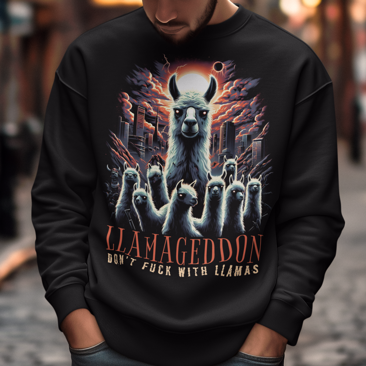 Unleash the apocalypse with our epic "LLAMAGEDDON" Sweatshirt! Featuring a jaw-dropping illustration of llamas in the midst of Armageddon, this sweatshirt is perfect for those who love a blend of humor and chaos. The design showcases a herd of fierce llamas charging through a post-apocalyptic landscape, complete with fiery skies, crumbling buildings, and a sense of impending doom. Below this striking scene, the bold text "LLAMAGEDDON" adds the perfect touch of irony and fun.